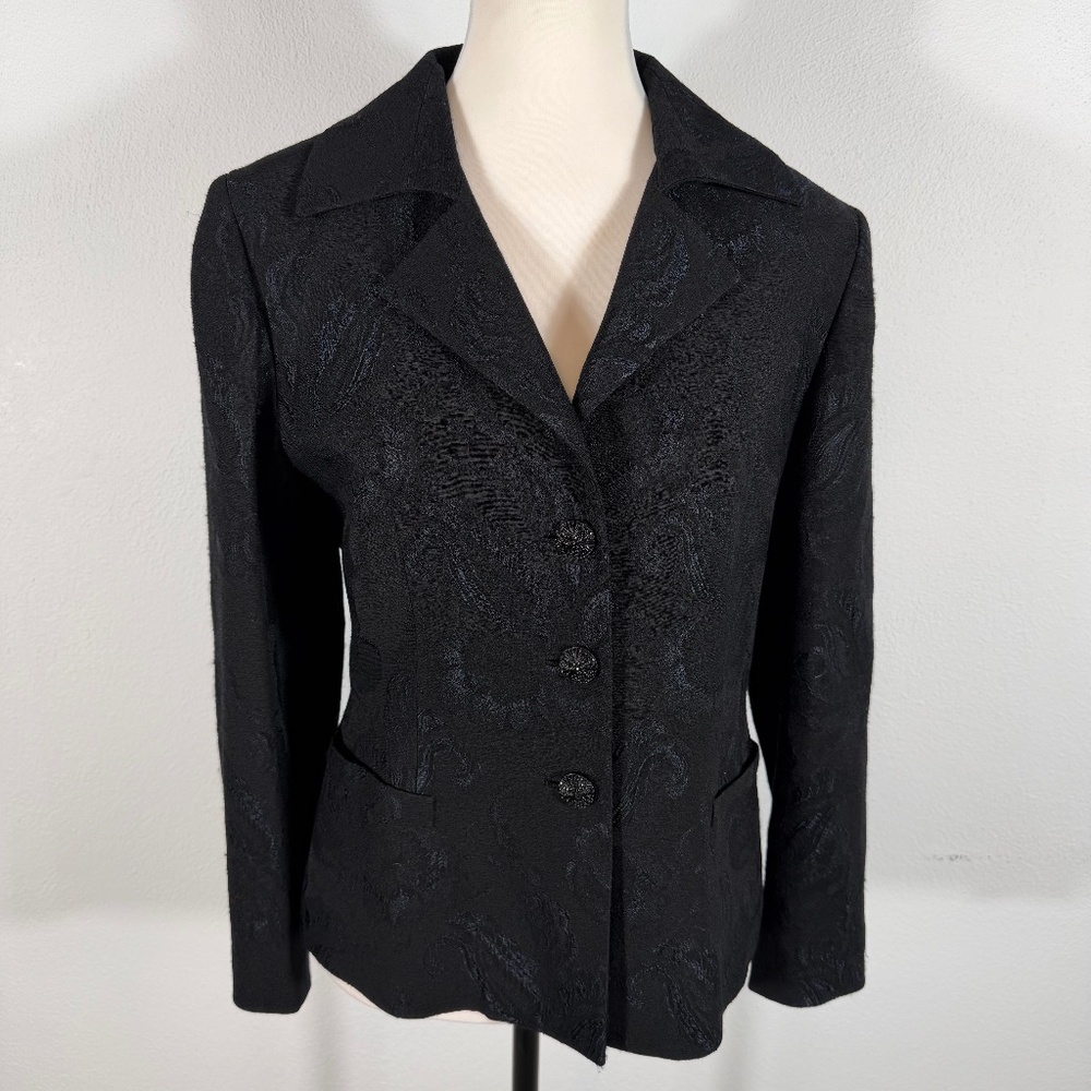 Albert Nipon Career Jacquard Long Sleeve 3 Button Wool Blend Black Blazer Size 6